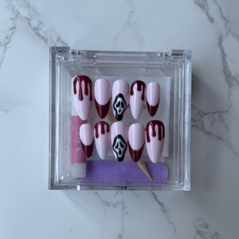 🔪 Ghostface Press-On Nails | Pink with FAKE Blood Drips for halloween